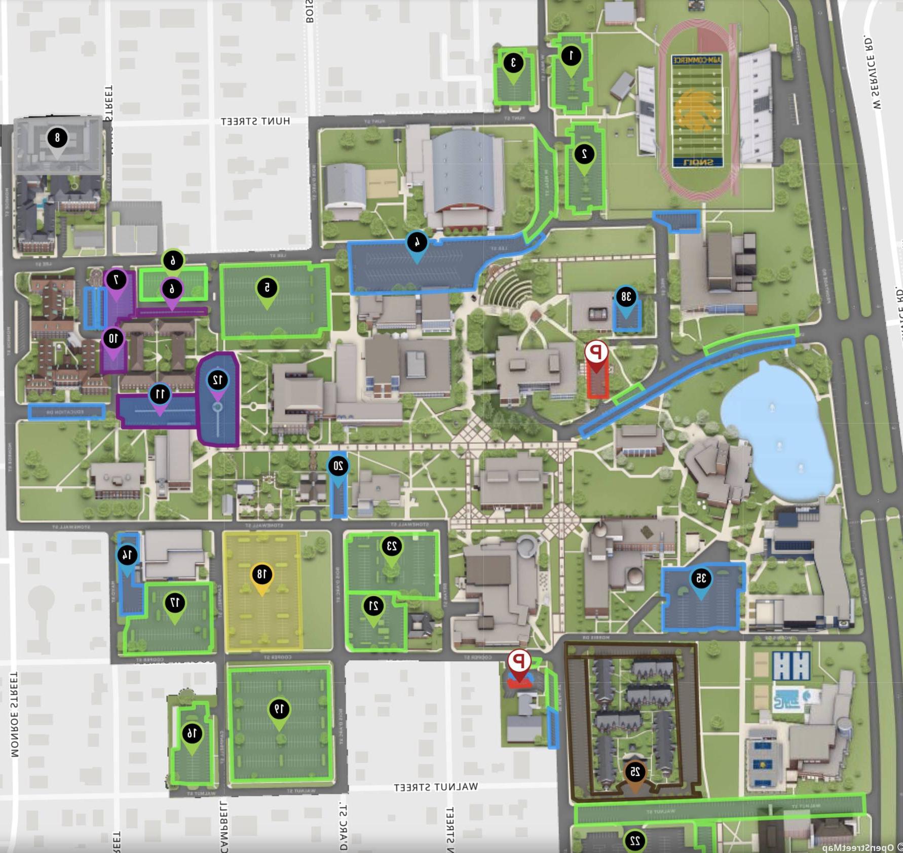 Campus map with parking lots outlined.